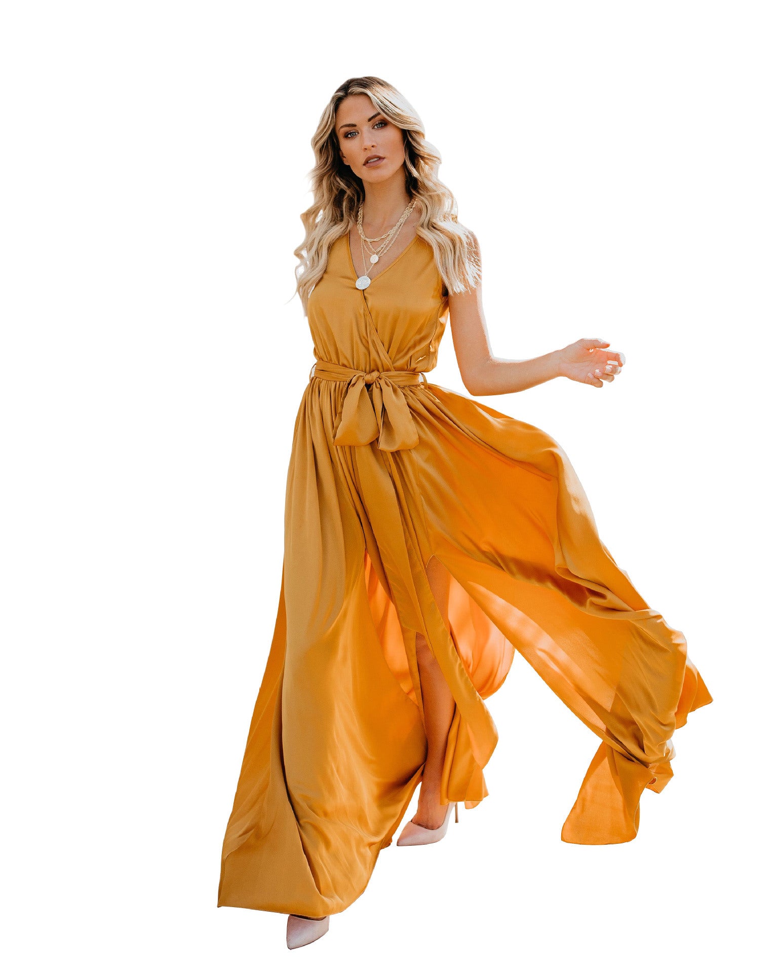 Women’s V-Neck Sleeveless Maxi Dress with Waist Tie in 3 Colors S-XL - Wazzi's Wear