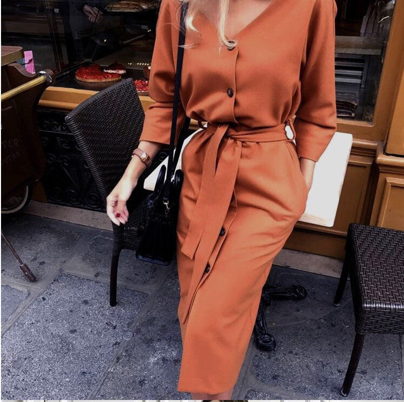 Women’s V-Neck Long Sleeve Buttoned Midi Dress with Waist Tie in 4 Colors S-XXL - Wazzi's Wear