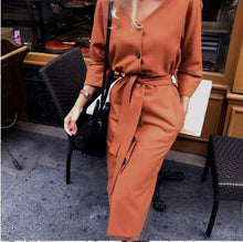 Load image into Gallery viewer, Women’s V-Neck Long Sleeve Buttoned Midi Dress with Waist Tie in 4 Colors S-XXL - Wazzi&#39;s Wear