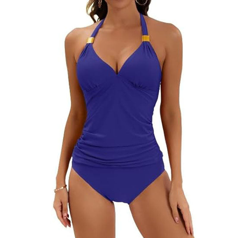 Women's Solid Color Halter Neck Tankini Two Piece Swimsuit  in 7 Colors S-XXL