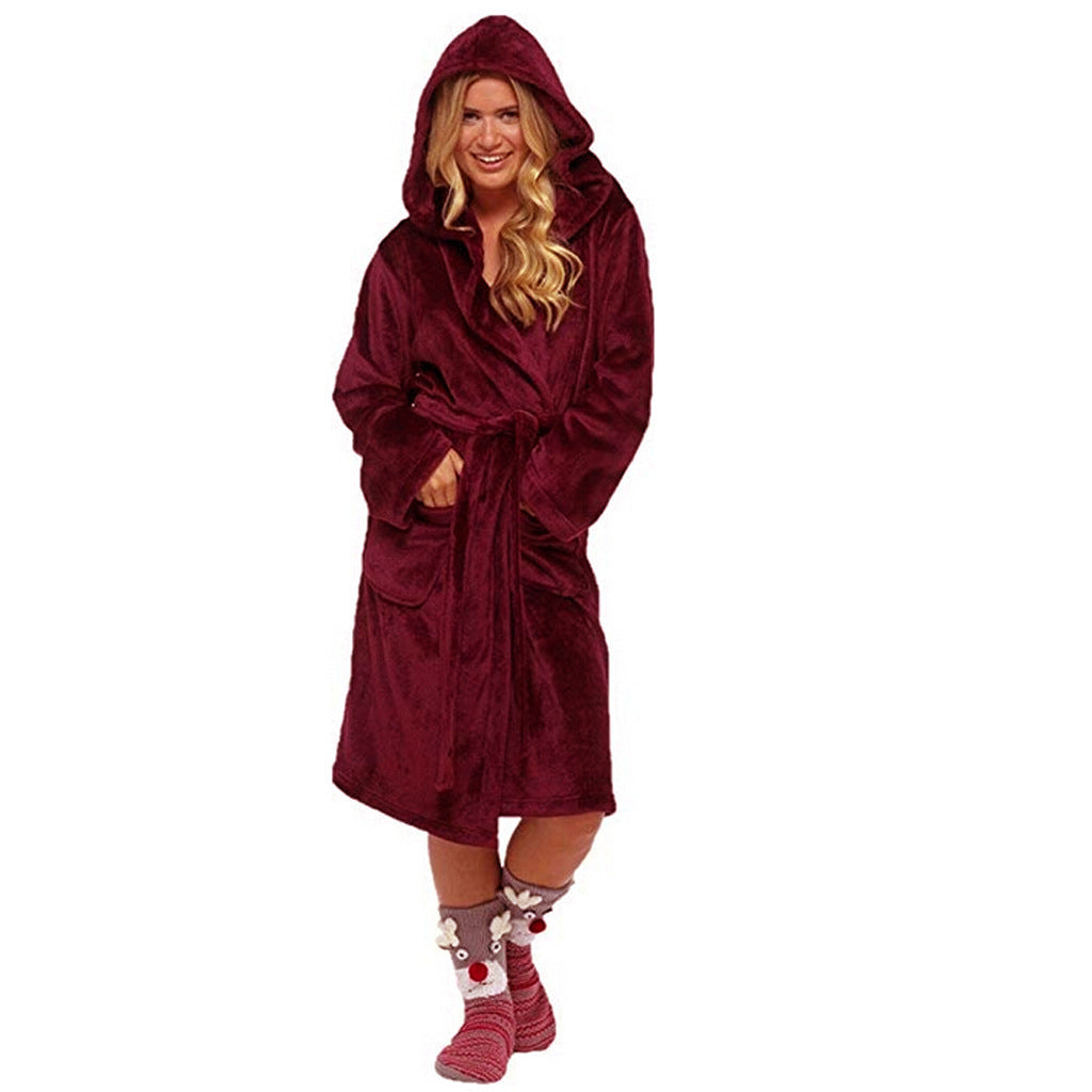 Women’s Long Hooded Bath Robe with Belt and Pockets