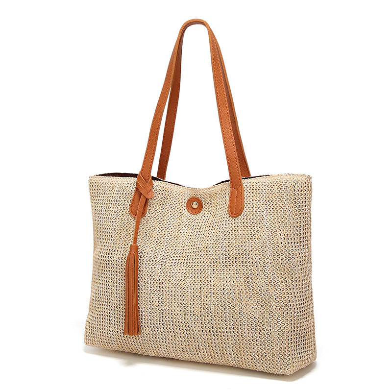 Women’s Woven Straw Beach Shoulder Bag with Tassel - Wazzi's Wear