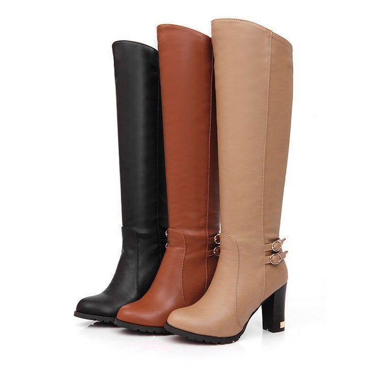 Women’s Knee High PU Leather High Heel Boots with Belt Buckle in 3 Colors - Wazzi's Wear