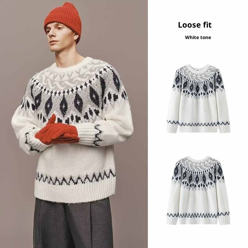 Men's round neck white jacquard Christmas knitted sweater with long sleeves and loose fit
