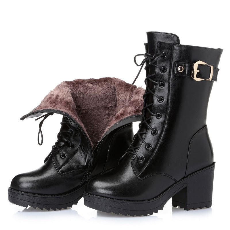 Women’s Plush Leather Winter Martin Boots with Side Zipper in 2 Colors - Wazzi's Wear