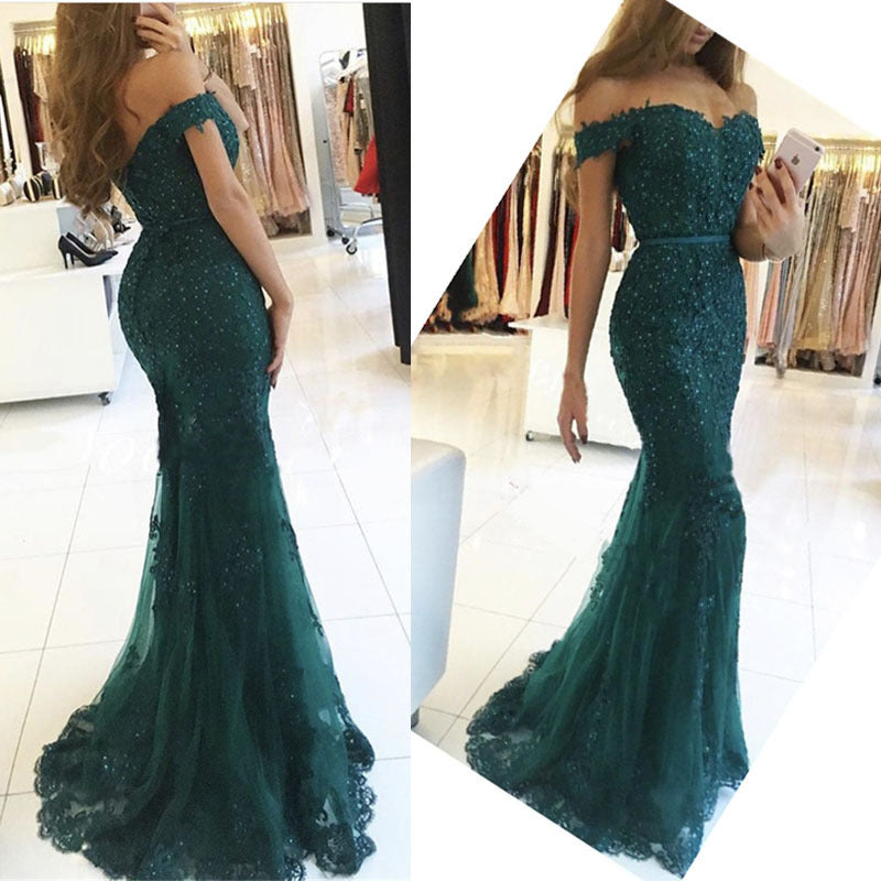 Women’s Off-the-Shoulder Mermaid Evening Prom Dress in 4 Colors Sizes 2-20W - Wazzi's Wear