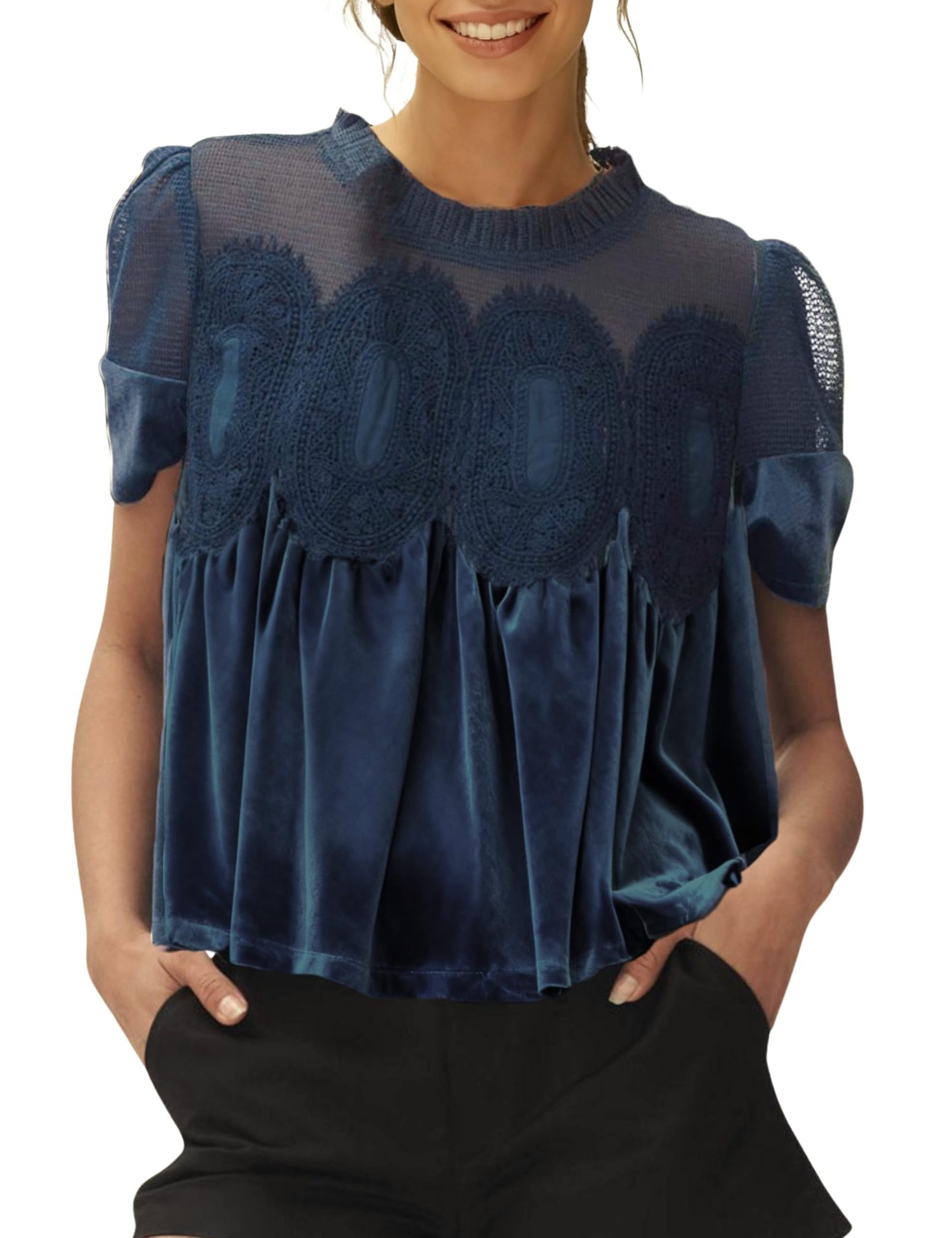 Women's Fashion Mesh Embroidered Crew-Neck Pullover Solid Color Top