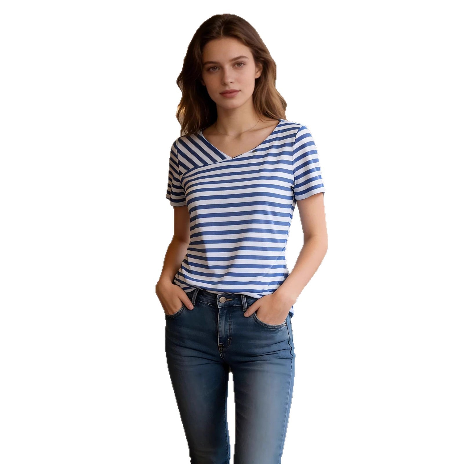 Women's Short-Sleeve Top With A Two-Tone Striped Shawl Collar