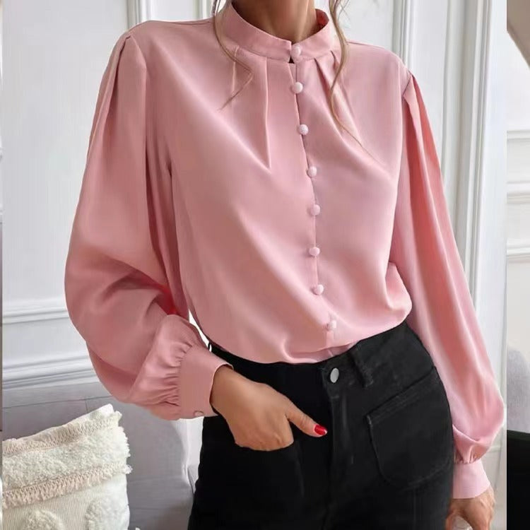 Women’s Mock Neck Long Sleeve Blouse with Pleated Collar