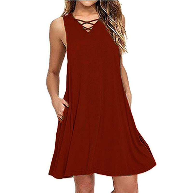 Vestido de verão Casual Feminino com decote em V, sem mangas, com bolsos e laço na cintura em 7 cores S-XXL