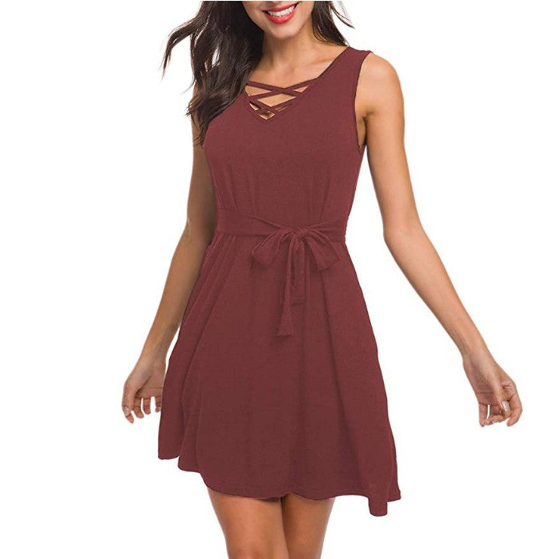 Vestido de verão Casual Feminino com decote em V, sem mangas, com bolsos e laço na cintura em 7 cores S-XXL