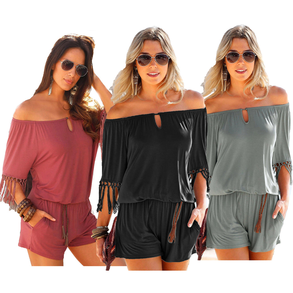 Women’s Off-the-Shoulder Romper with Tasseled Short Sleeves and Pockets in 3 Colors S-XXL - Wazzi's Wear