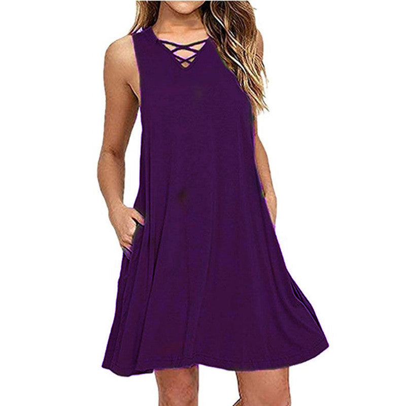 Vestido de verão Casual Feminino com decote em V, sem mangas, com bolsos e laço na cintura em 7 cores S-XXL