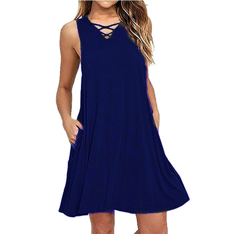 Women’s Sleeveless V-Neck Casual Summer Dress with Pockets and Waist Tie in 7 Colors S-XXL