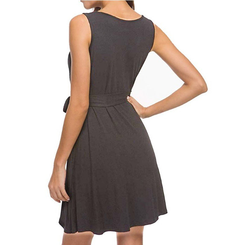 Vestido de verão Casual Feminino com decote em V, sem mangas, com bolsos e laço na cintura em 7 cores S-XXL