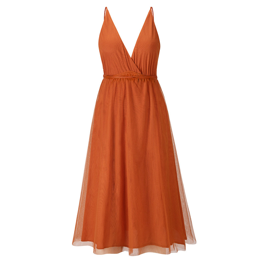 Women’s V-Neck Sleeveless Dress with Gauze Overlay in 4 Colors S-2XL - Wazzi's Wear