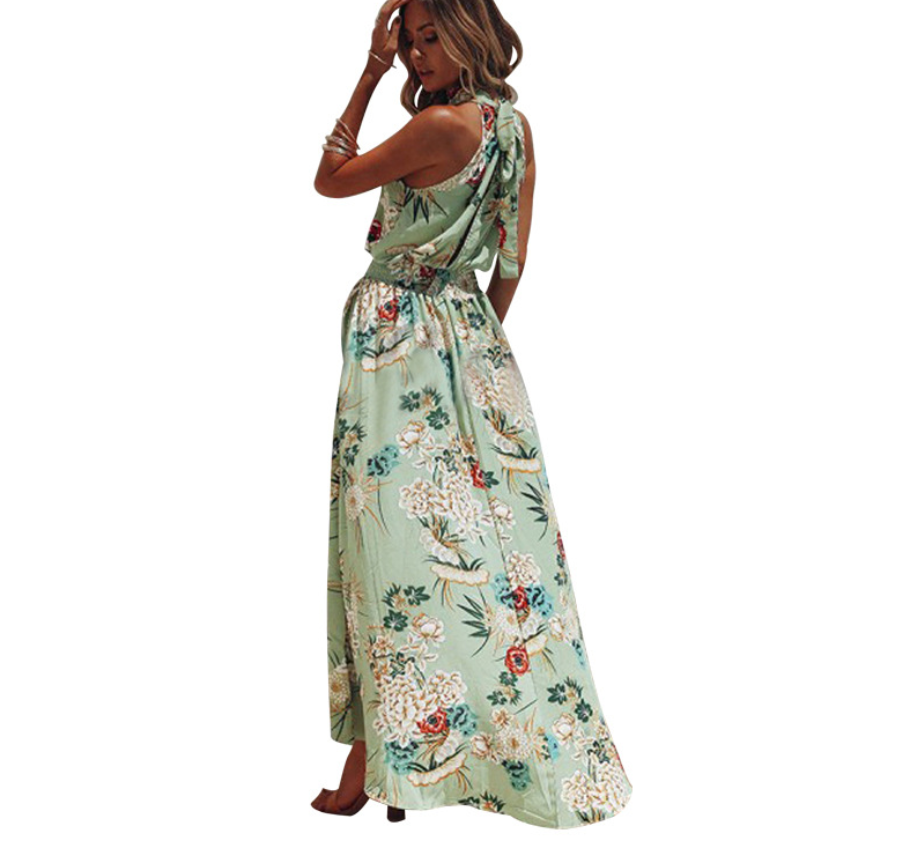 Women's Floral Halter Neck Boho Dress with Asymmetric Hem in 2 Colors S-XXL - Wazzi's Wear