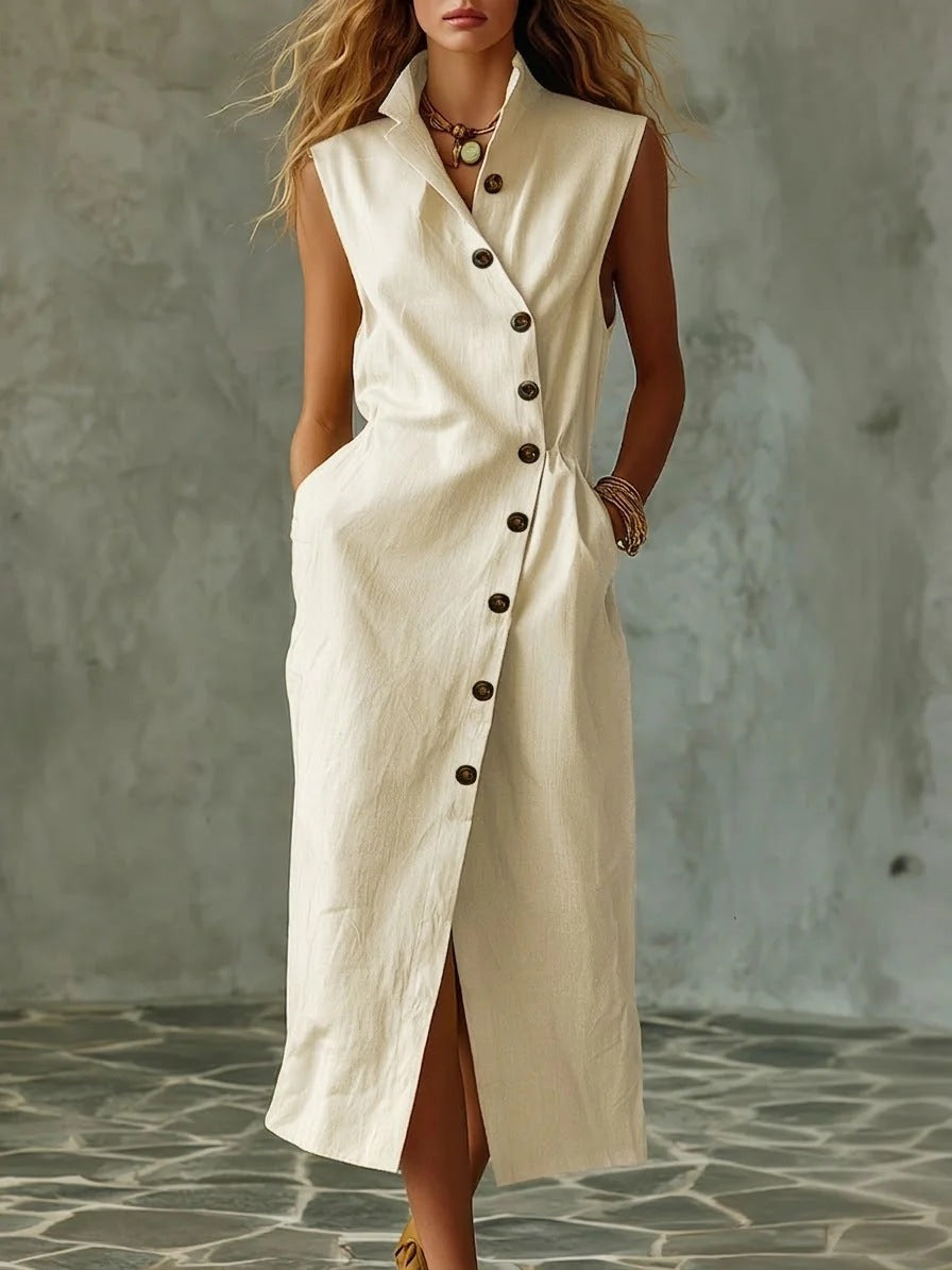Slim-fit Elegant Single-breasted Dress With A Stand-up Collar For Women