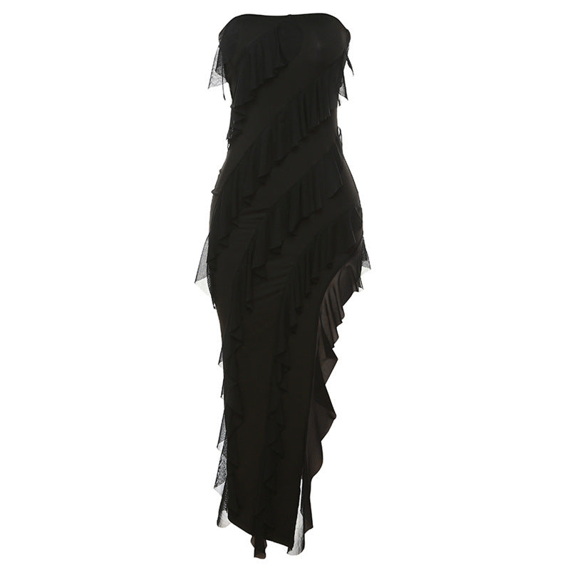 2024 Summer Trend Skinny Women’s Tube Top Dress – Backless Split Tassel Clubwear