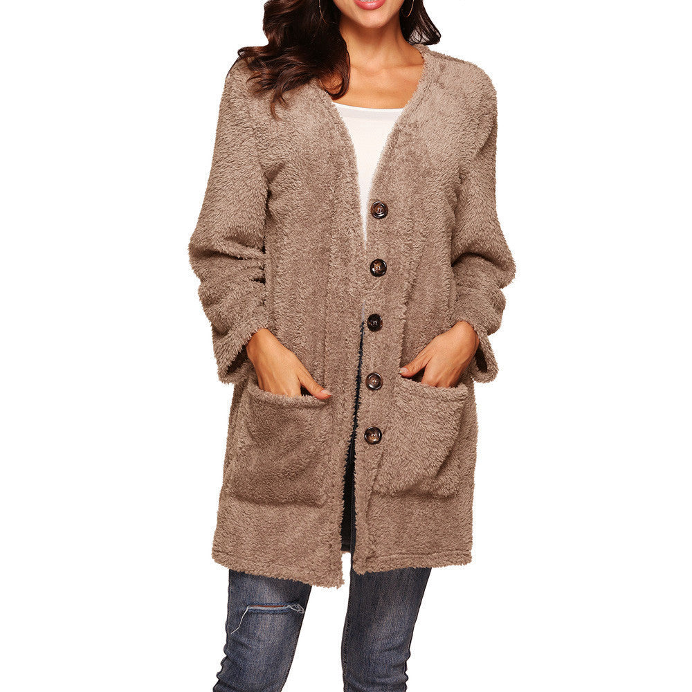 Women’s Mid-Length Plush Cardigan with Pockets in 8 Colors  S-5XL - Wazzi's Wear