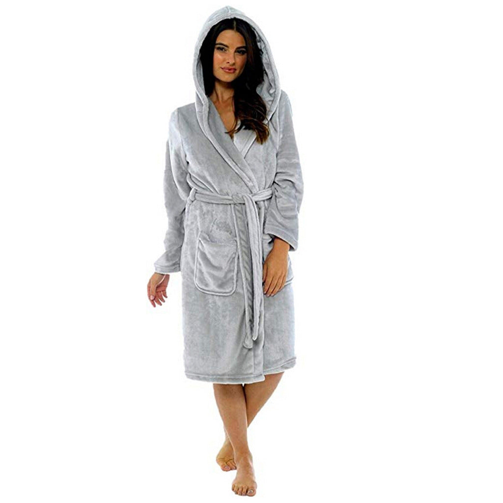 Women’s Long Hooded Bath Robe with Belt and Pockets