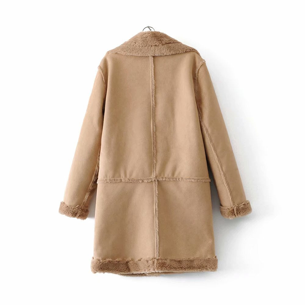 Women's Suede Mid-Length Coat with Warm Lambswool Lining