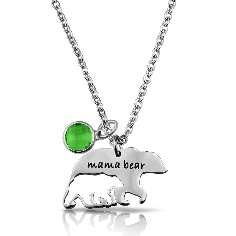 Women’s Stainless Steel Mama Bear Necklace with Gemstone in 6 Colors - Wazzi's Wear