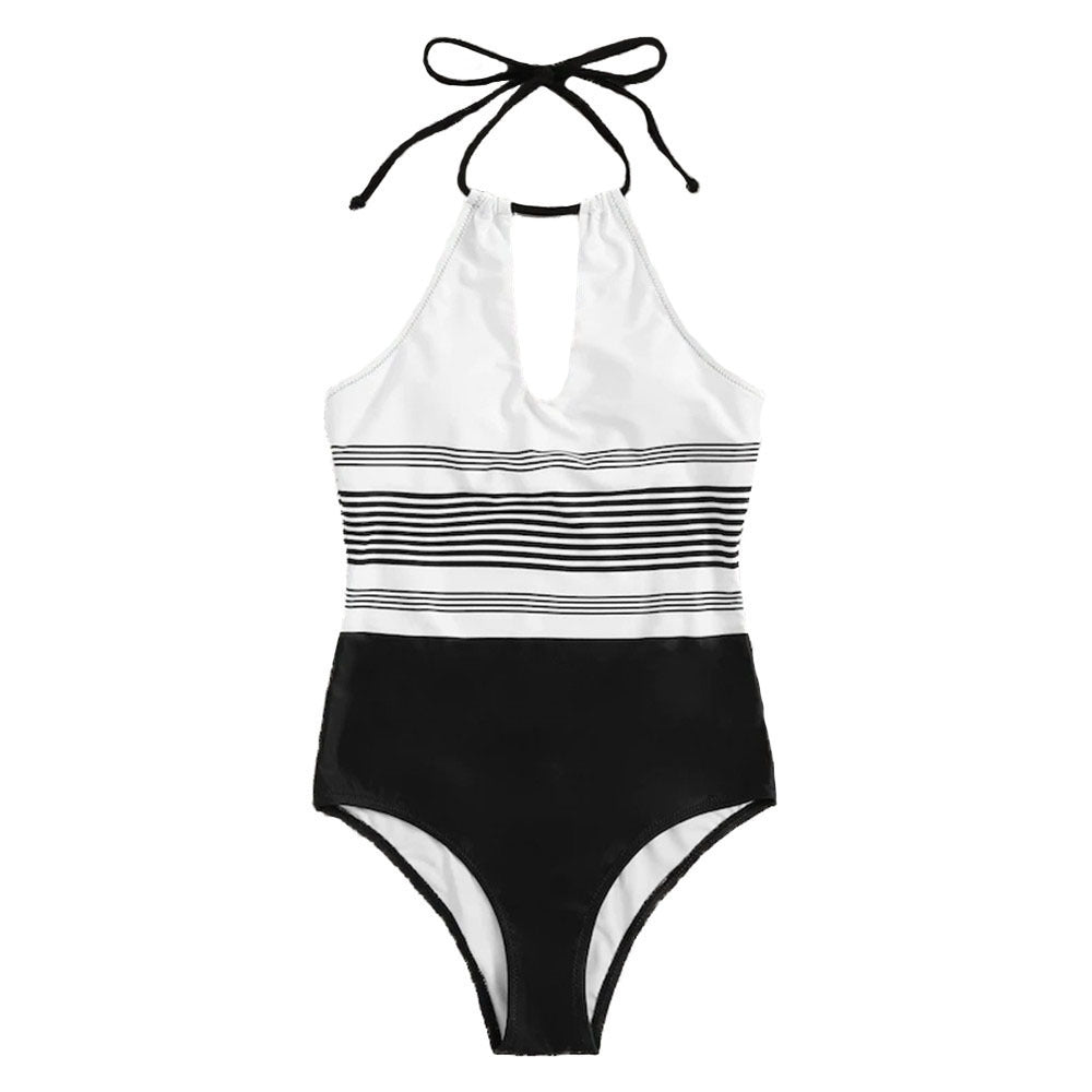 Women’s One Piece Black and White Striped Swimsuit S-L - Wazzi's Wear