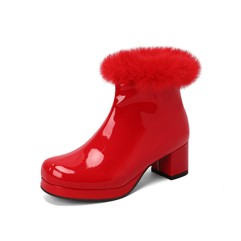 Womens Short Boots For Fall Winter Patent Leather Chunky Heel