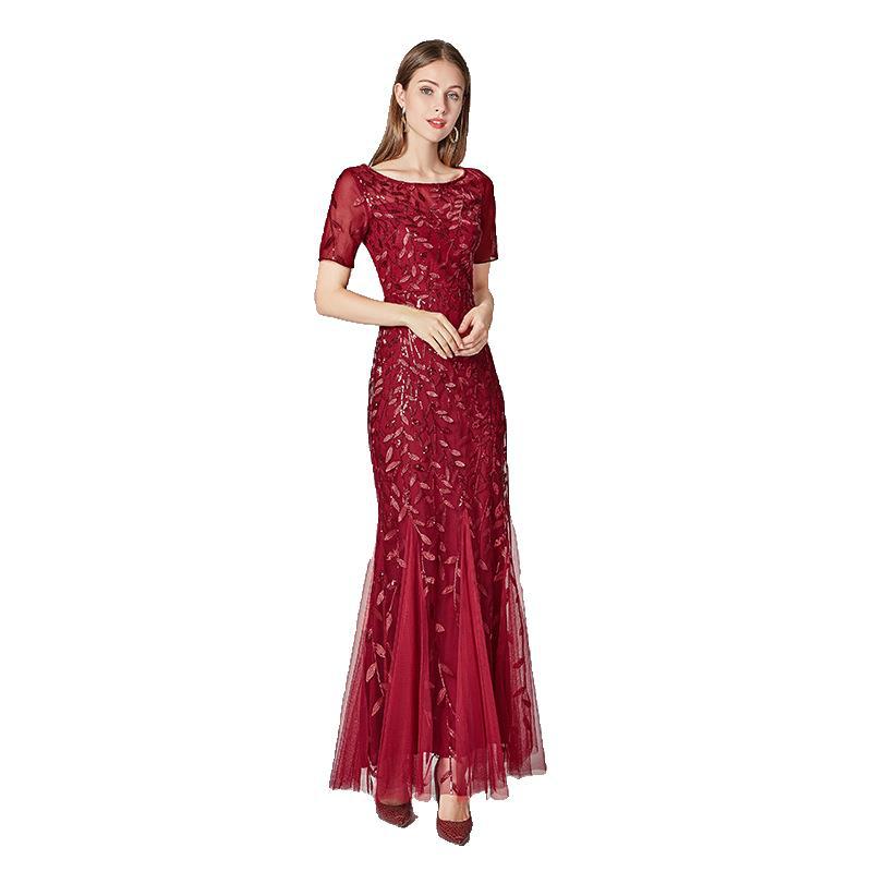 Women’s Elegant Short Sleeve Evening Gown with Chiffon and Lace Overlay