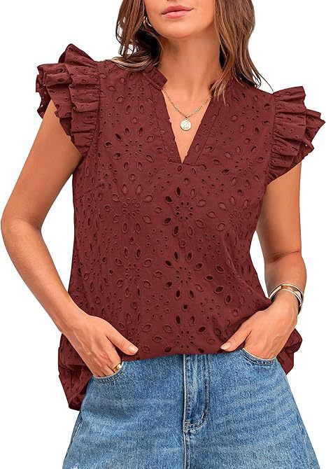 Women's Eyelet Top Fashion Casual V-neck Pleated Cover Sleeve Lace Embroidered Shirt