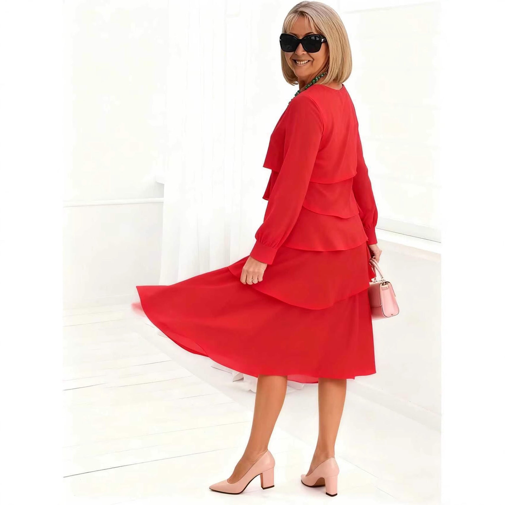 Women's Long-sleeve V-neck Tiered Dress