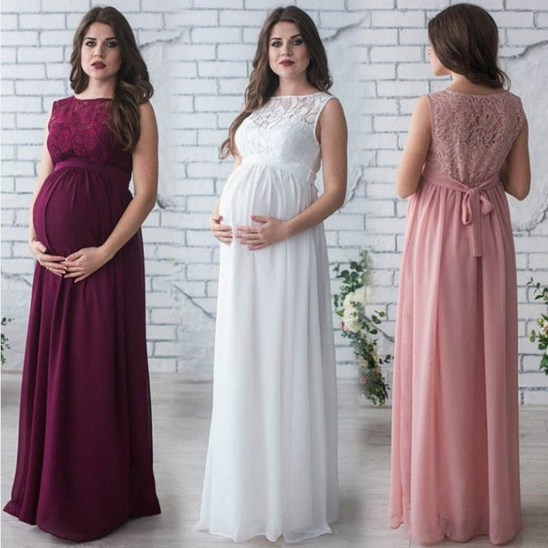 Women’s Sleeveless Floor Length Maternity Dress with Lace and Waist Tie in 3 Colors S-3XL - Wazzi's Wear