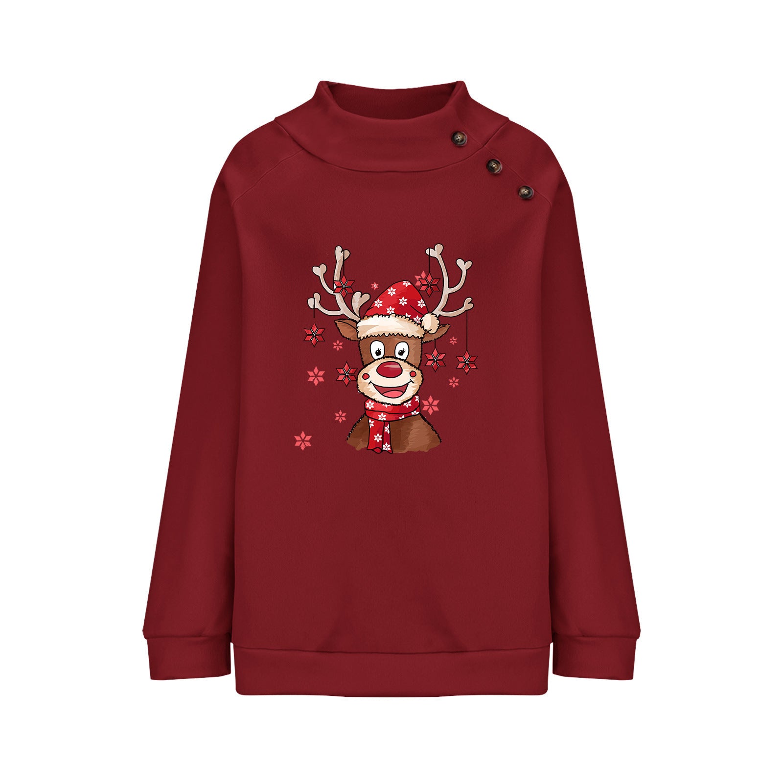 Turtleneck Buttons Christmas Deer Loose Sweater Female