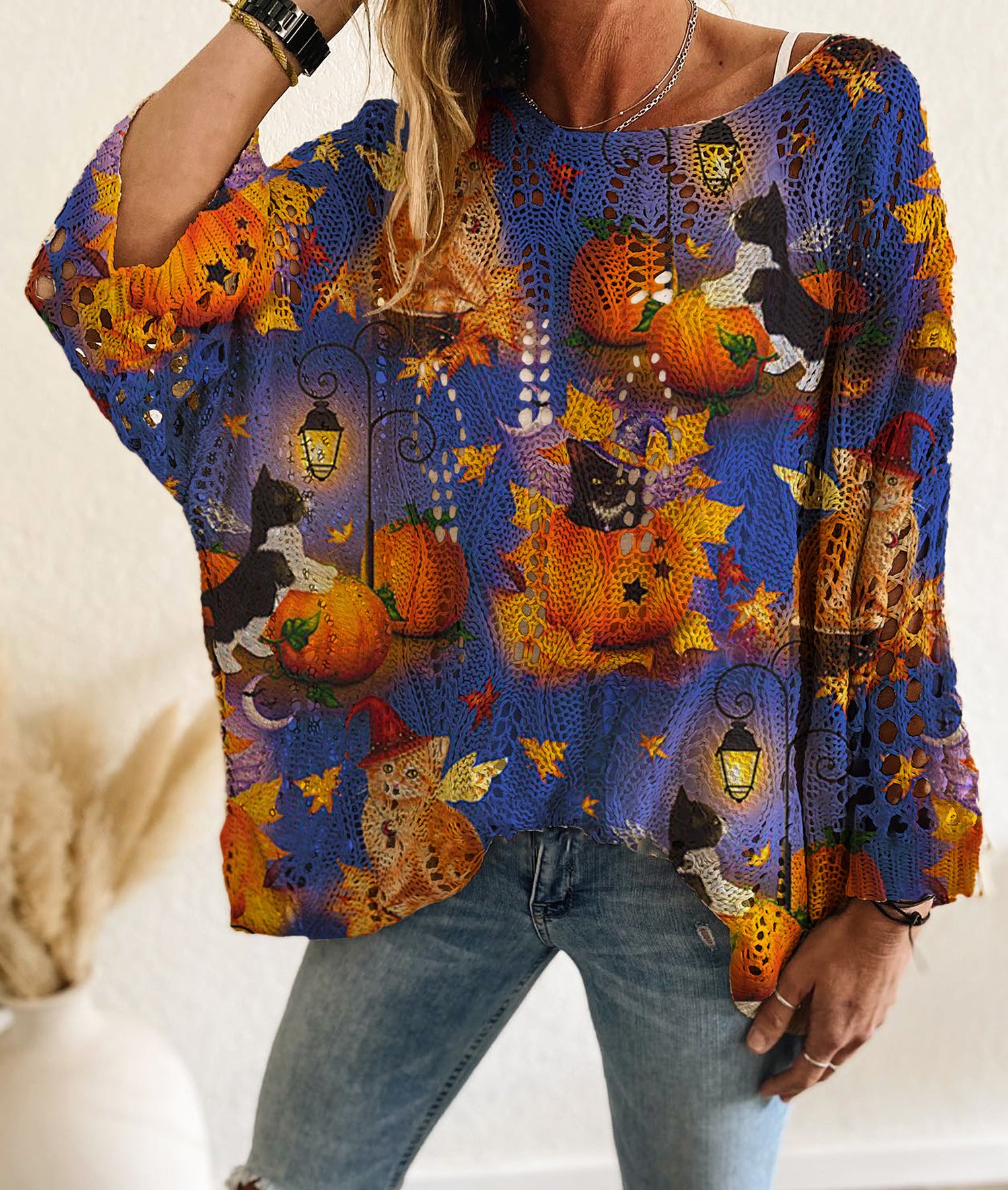 Four Seasons Off-neck Diamond Hollow Batwing Long Sleeve