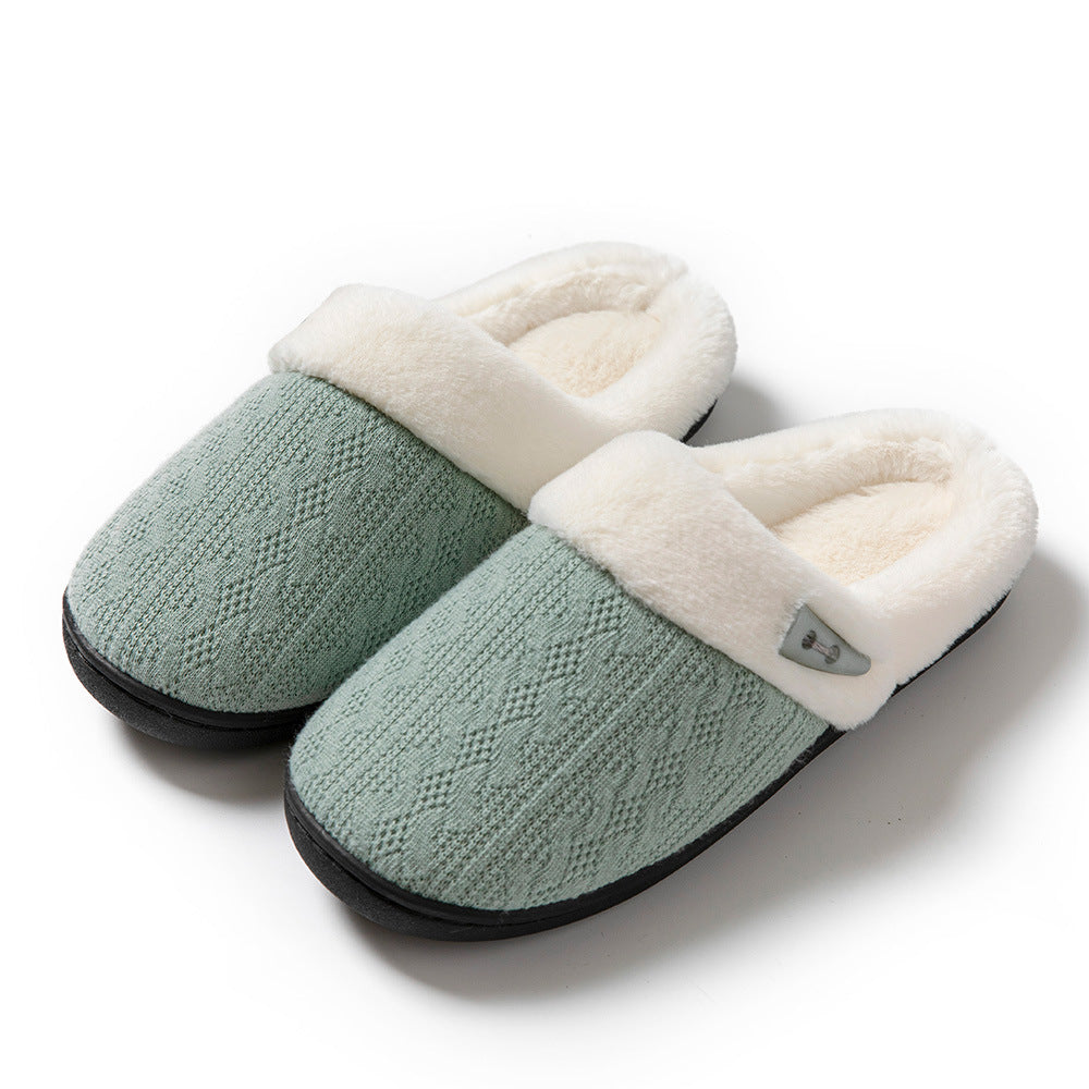 Women’s warm non-slip slippers in pastel green with white faux fur lining, rubber sole, and round toe design.