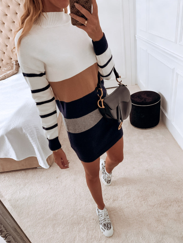 Women’s Colorblock Striped Sweater Dress M-XL - Wazzi's Wear