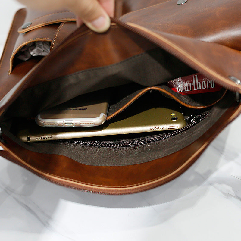 Men’s Brown PU Leather Shoulder Messenger Bag with Zipper - Wazzi's Wear