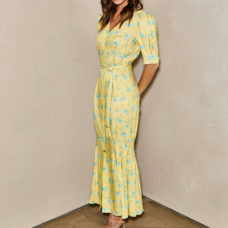 Yellow Floral Print Button-Front Mermaid Maxi Dress