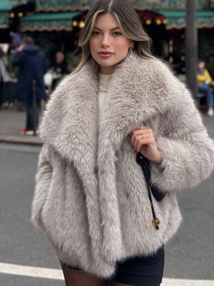 Faux Fur Jacket with Pockets and Lapel