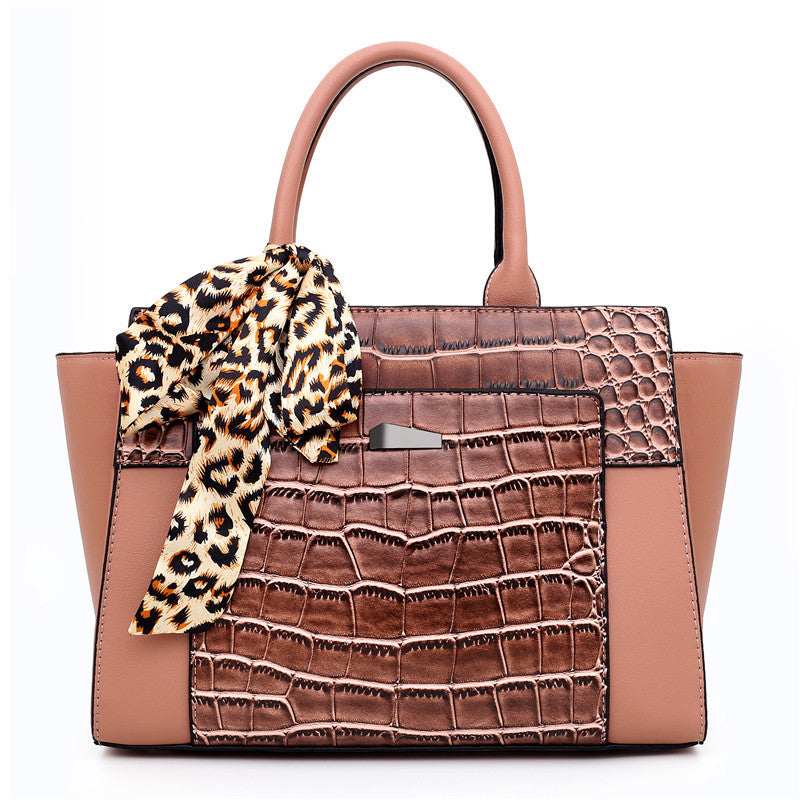 Women’s Crocodile Pattern Hand Shoulder Bag with Tied Leopard Silk Scarf in 9 Colors - Wazzi's Wear