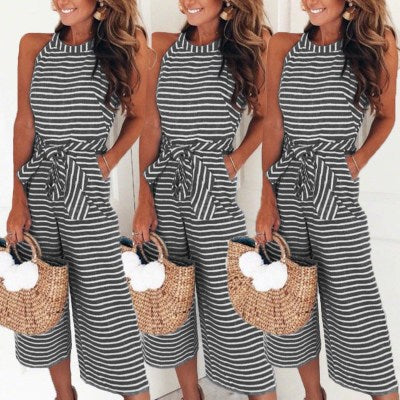 Women’s Sleeveless Cropped Wide Leg Striped Jumpsuit with Pockets in 5 Colors S-XXL - Wazzi's Wear