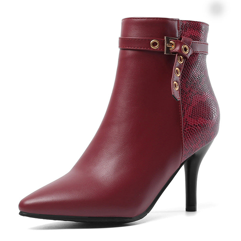 Women’s Colorblock High Heel Ankle Boots with Snake Skin Pattern in 3 Colors - Wazzi's Wear