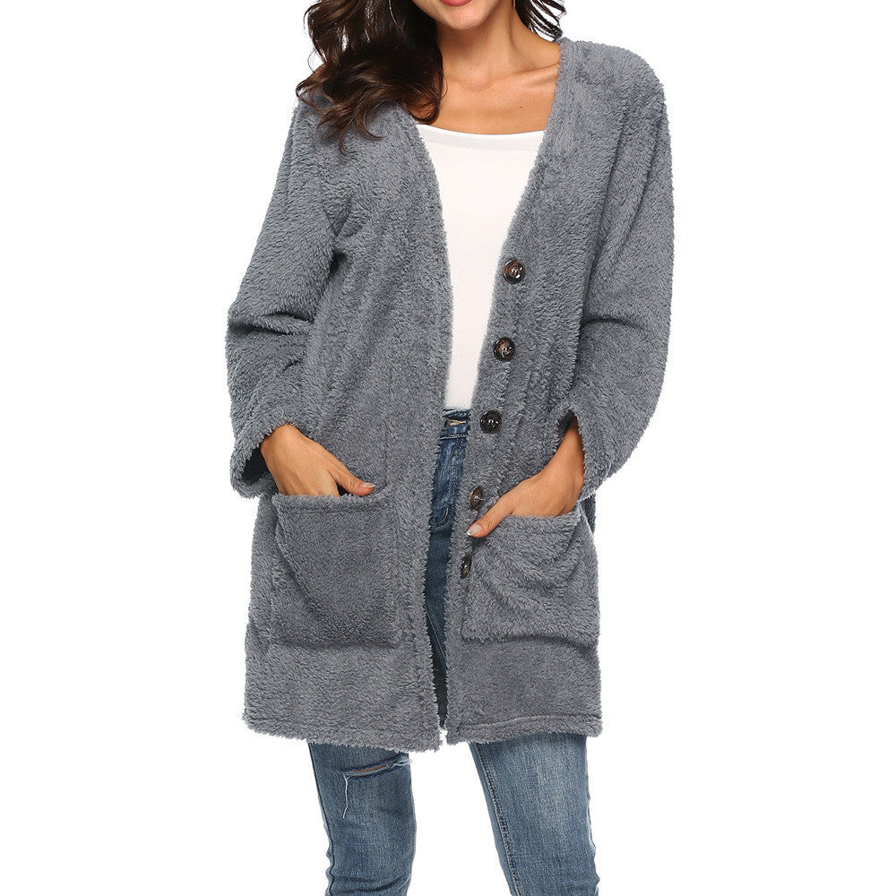 Women’s Mid-Length Plush Cardigan with Pockets in 8 Colors  S-5XL - Wazzi's Wear