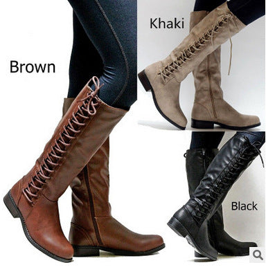 Women’s Lace Up Knee High Boots with Side Zipper in 3 Colors - Wazzi's Wear