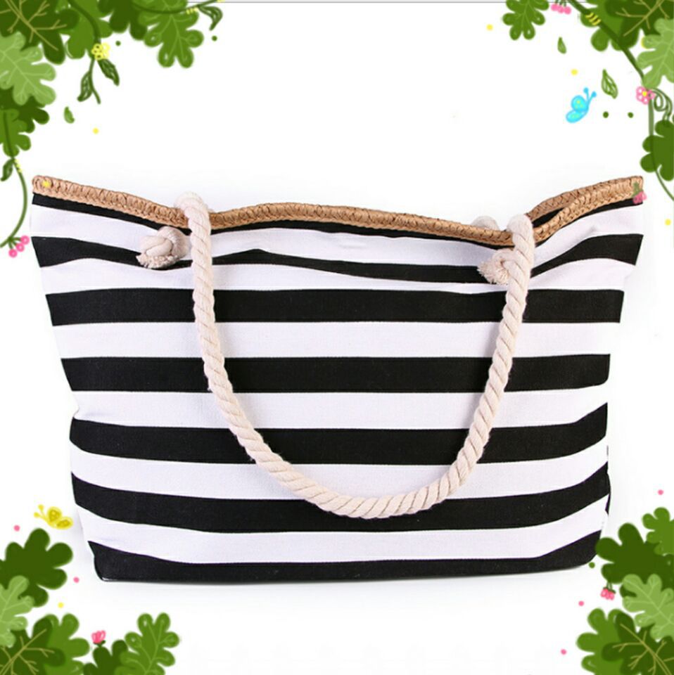 Women's Canvas Large Capacity Striped Beach Bag in 6 Colors