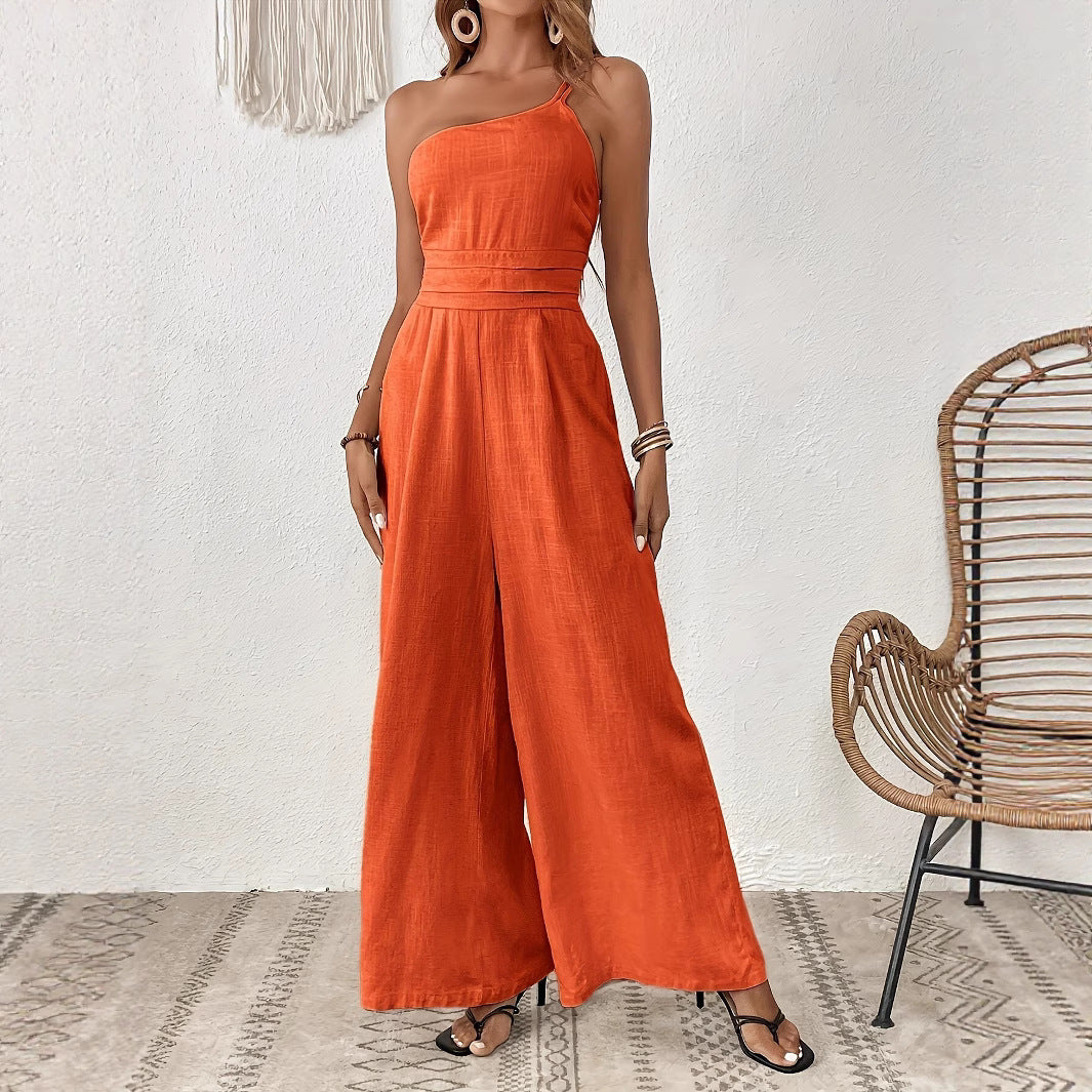 Women's Solid Color Wide-leg Thin One-shoulder Jumpsuit