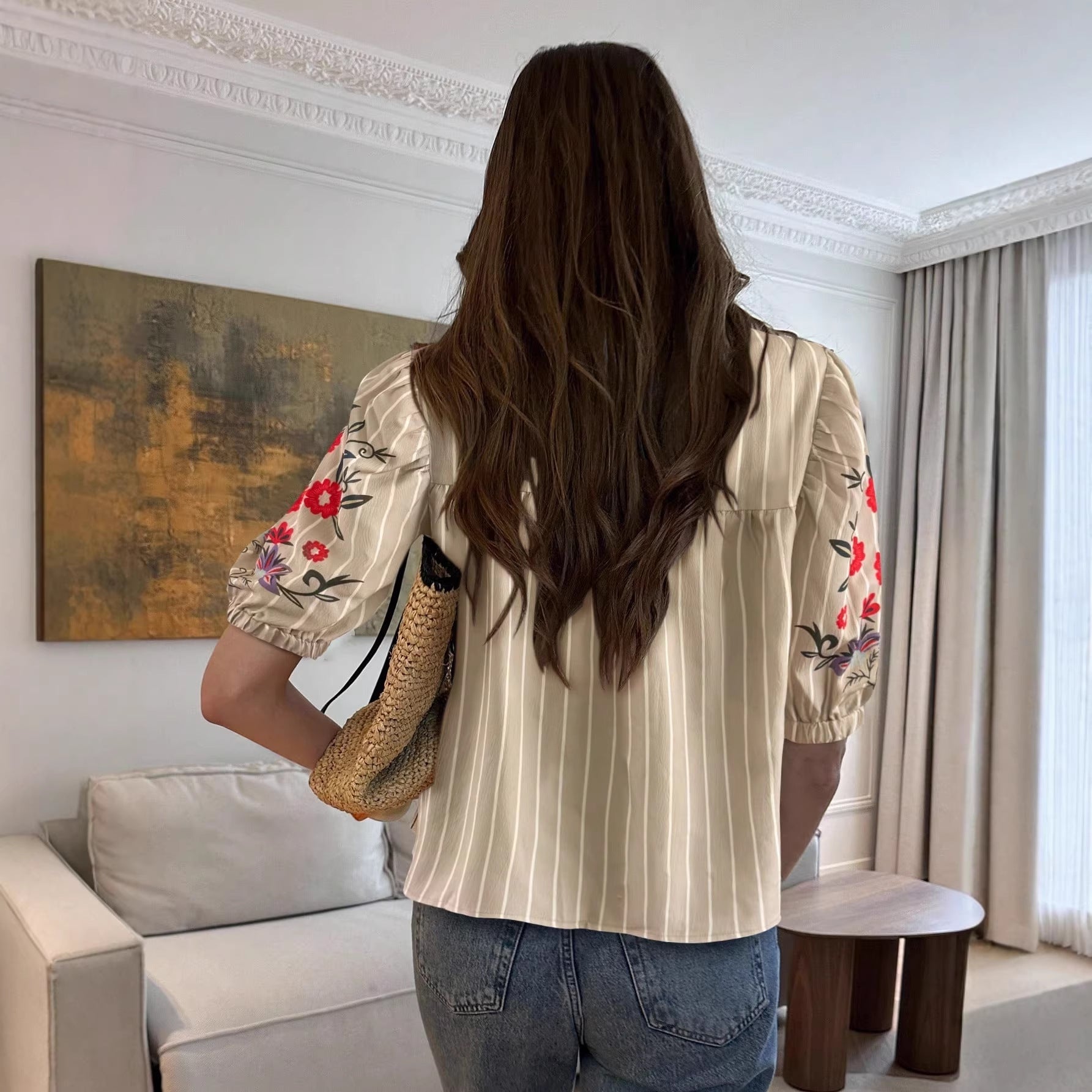 Retro Striped Floral Top French Vacation-Style Loose Shirt