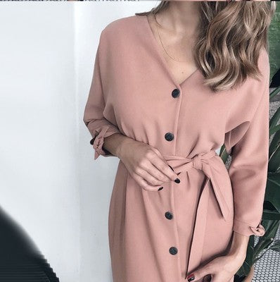 Women’s V-Neck Long Sleeve Buttoned Midi Dress with Waist Tie in 4 Colors S-XXL - Wazzi's Wear