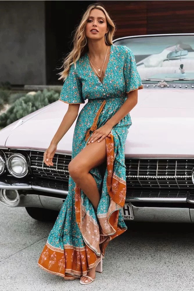 Women’s Bohemian V-Neck Short Sleeve Maxi Dress in 3 Colors S-2XL - Wazzi's Wear